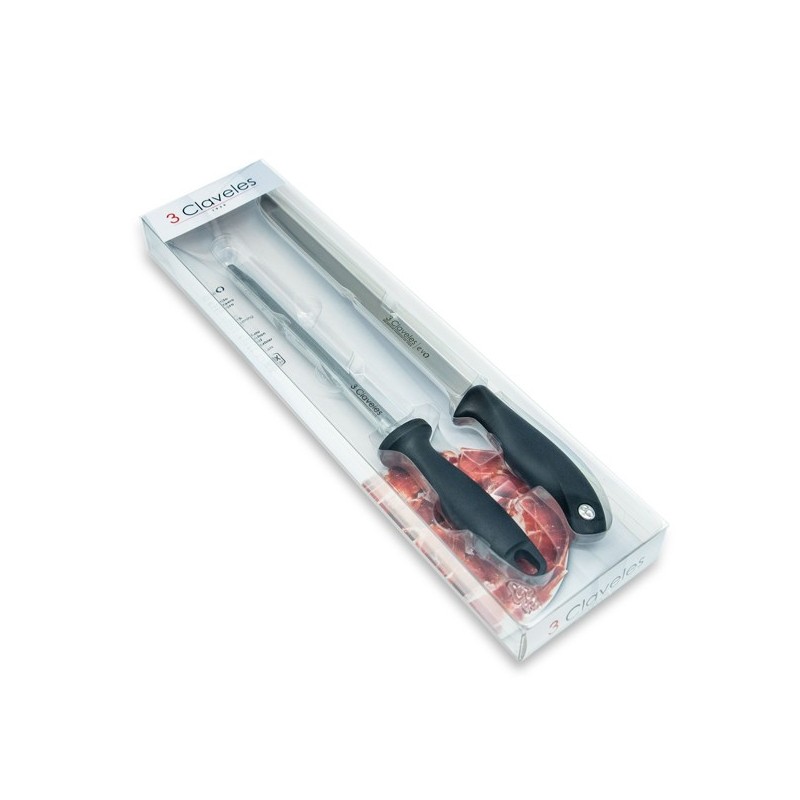 SET  CUCHILLO  JAMONERO  EVO  +  CHAIRA  +  CUBREJAMÓN  3  CLAVELES