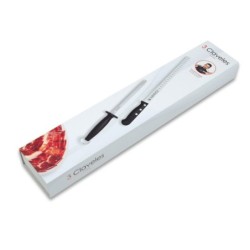 CUCHILLO  JAMONERO  ALVEOLADO  Y  CHAIRA  +  REGALO  CUBRE  JAMÓN  3