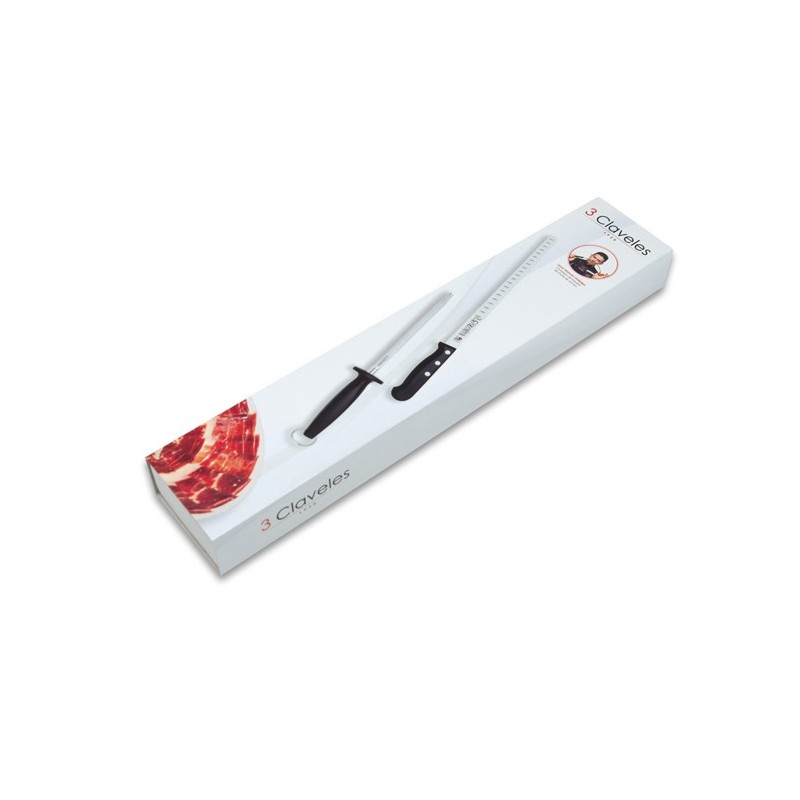 CUCHILLO  JAMONERO  ALVEOLADO  Y  CHAIRA  +  REGALO  CUBRE  JAMÓN  3