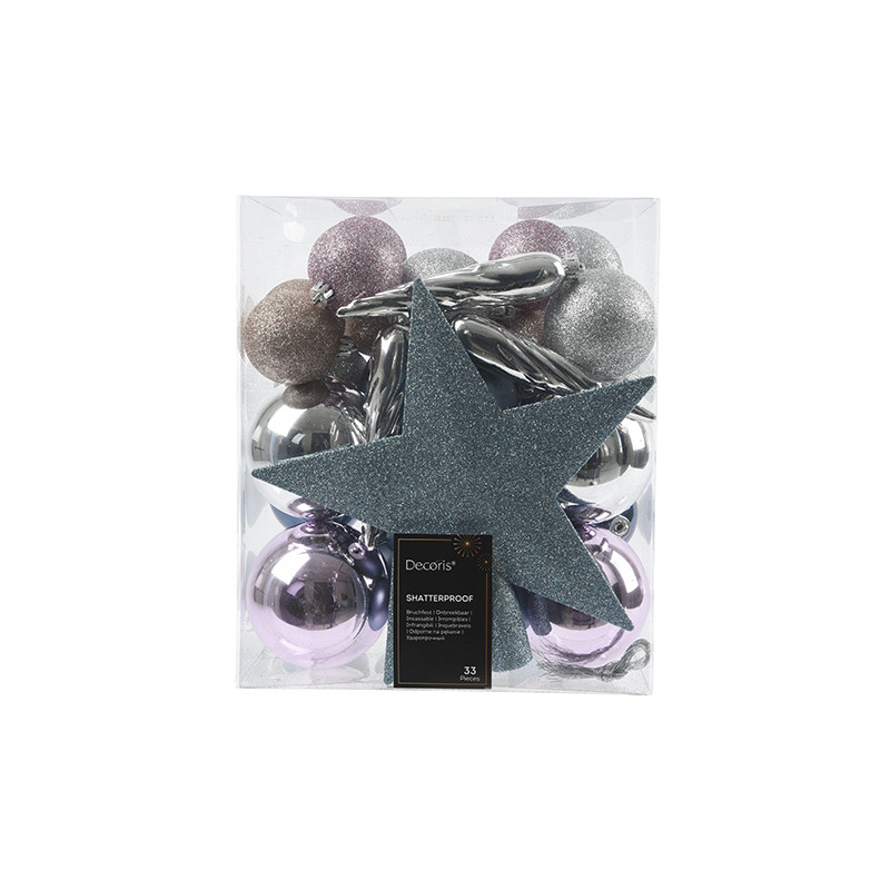ADORNOS ARBOL 33 UD SURTIDOS AZU-LIL-PLATA